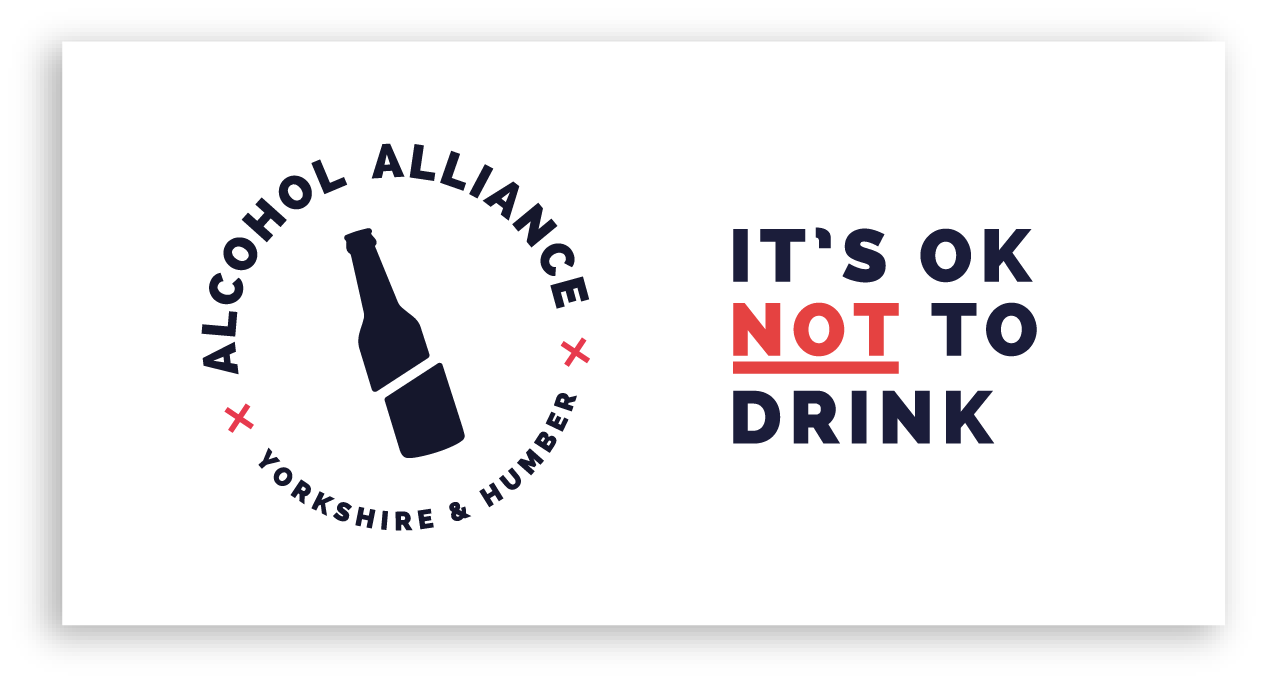 representation of the Alliance logo pack. It's a white rectangle with the round version of the Alcohol Alliance logo on the right side and the bold it's ok not to drink text on the right side.
